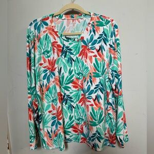 L.L.Bean Women's "SunSmart" Long-Sleeve Shirt UPF 50 White Floral Leaves Size 2X